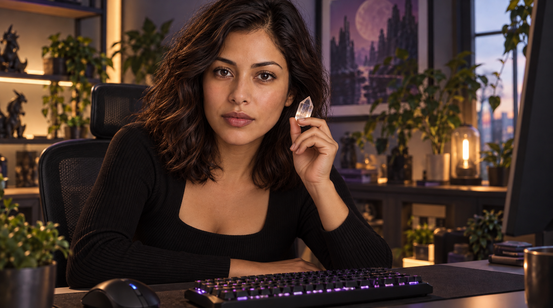 The guest in a chic gamer office, holding a crystal